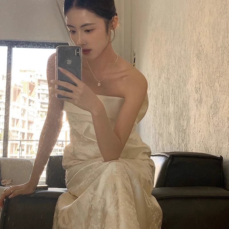 연주회 드레스 이브닝 브라이덜샤워 파티룩 신부드레싱가운 끈이 없는 웨딩 하이엔 촬영 - 상세 이미지 3