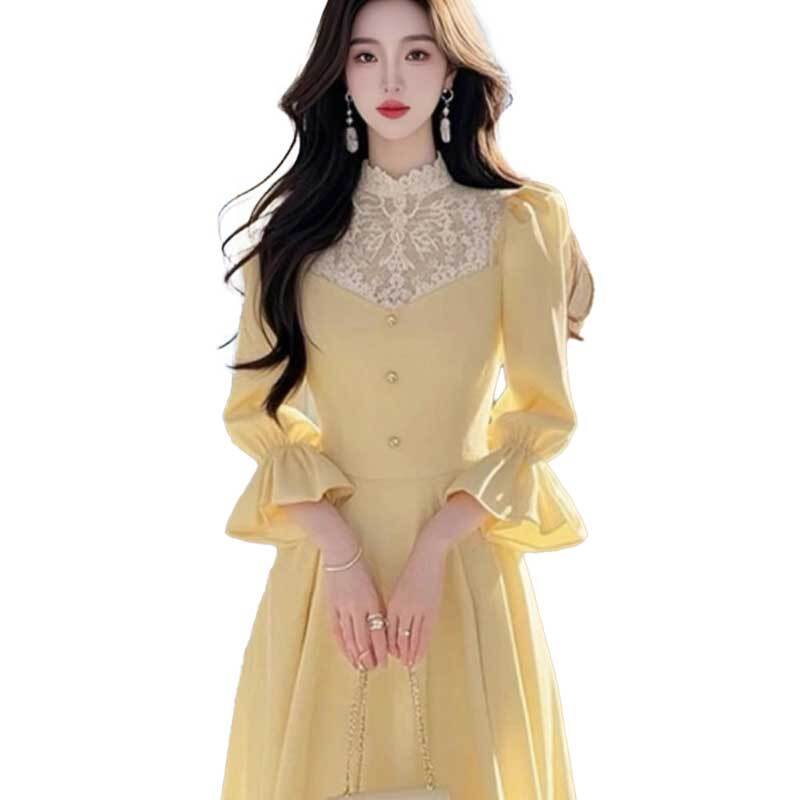 우아한 원피스 프렌치 레이스 여장 부드럽고 아름다운 허리라인 롱 스커트 봄 하객룩 - 상세 이미지 5