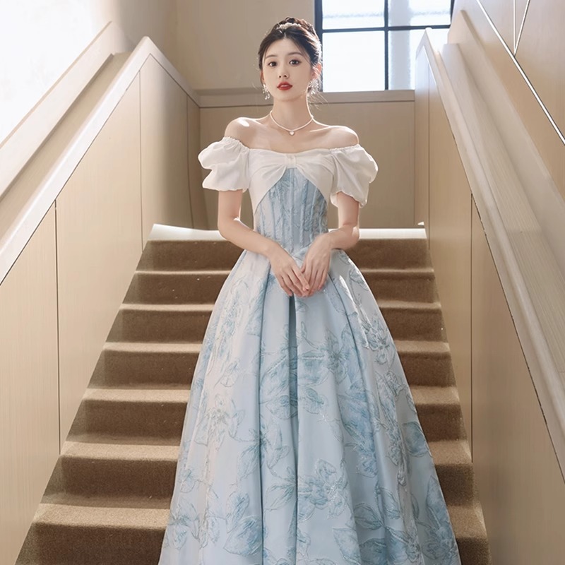 이브닝 드레스 연주회 브라이덜샤워 파티룩 연례 회의 블루 원 숄더 여성 유럽풍 웨딩 촬영 - 상품 이미지
