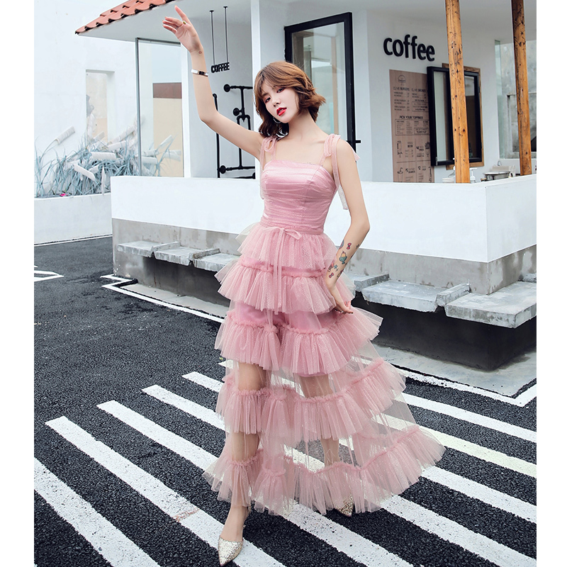 이브닝 드레스 연주회 브라이덜샤워 파티룩 여성 핑크 연회 서스펜더 신부 들러리 웨딩 촬영 - 상세 이미지 2
