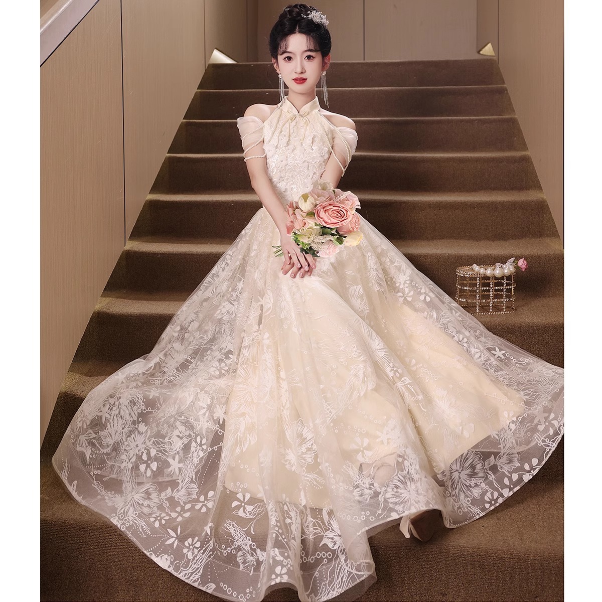 이브닝 드레스 연주회 브라이덜샤워 파티룩 샴페인 컬러 라이트 럭셔리 고급 성인 웨딩 촬영 - 상품 이미지