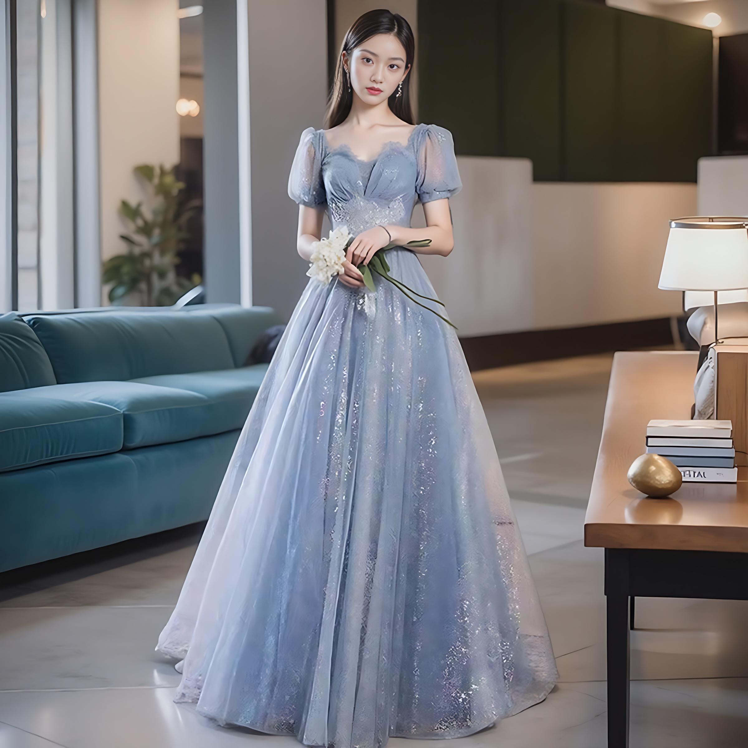 연주회 드레스 이브닝 브라이덜샤워 파티룩 파란 연회 세 성인 예식 사회자 성악 웨딩 촬영 - 상품 이미지