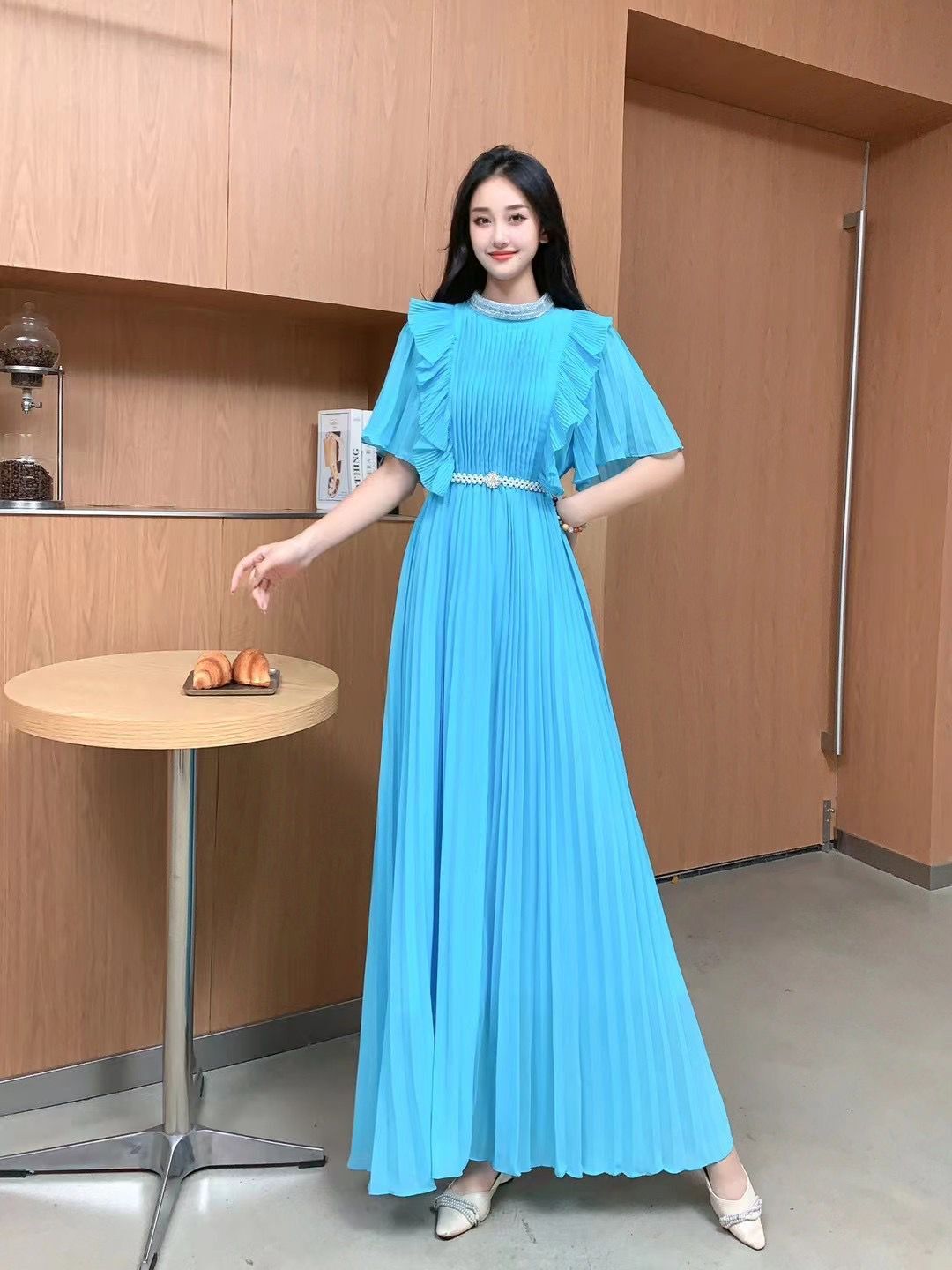 우아한 원피스 유럽풍 하이 엔드 디자인 플리츠 롱 스커트 허리 넓은 밑단 쉬폰 드 하객룩 - 상세 이미지 2