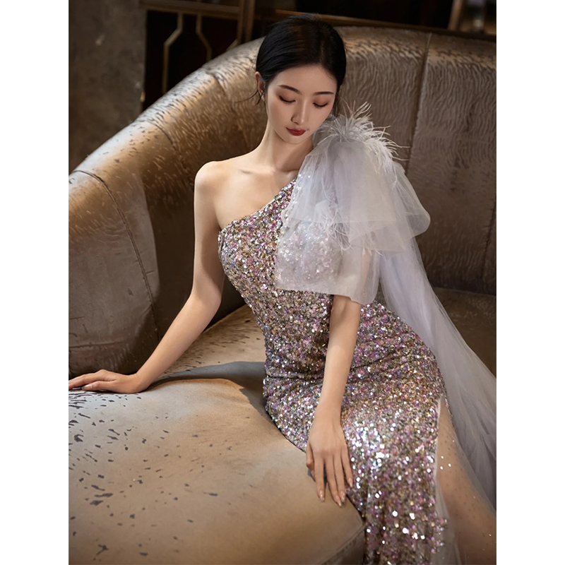 연주회 드레스 이브닝 브라이덜샤워 파티룩 인어 연회 유럽풍 스타일 원 숄더 라 웨딩 촬영 - 상세 이미지 2
