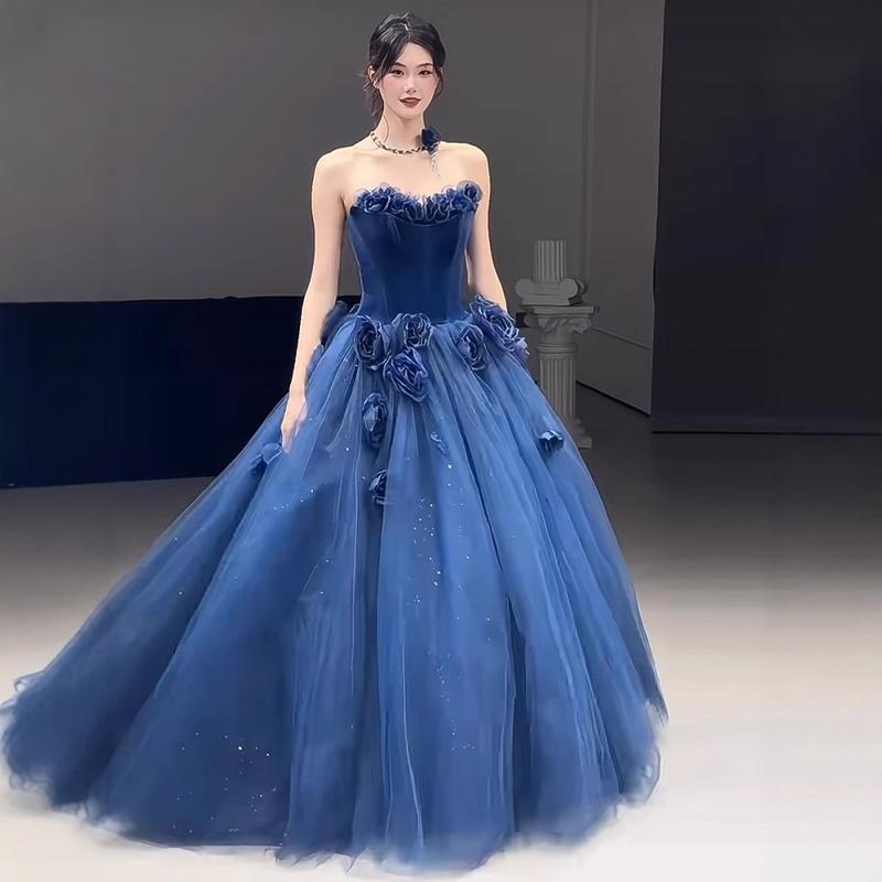 연주회 드레스 이브닝 브라이덜샤워 파티룩 블루 여성 꽃 빛 럭셔리 연회 무대 웨딩 촬영 - 상세 이미지 4