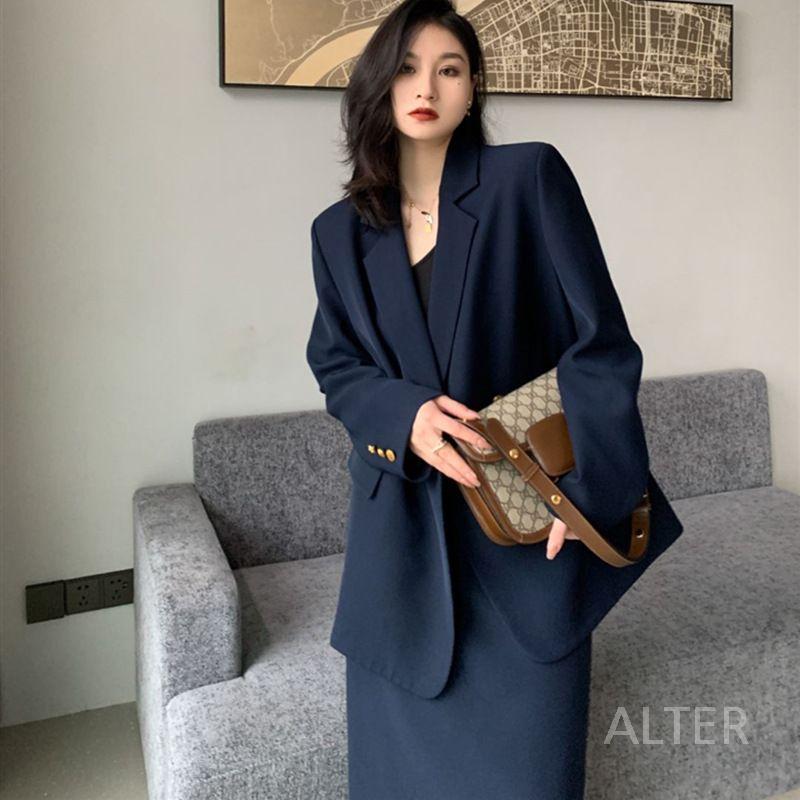 셋업수트 롱스커트 정장 빅사이즈 투피스 네이비 여성 네이비 재킷+스커트 XL 60-70kg - 상세 이미지 2
