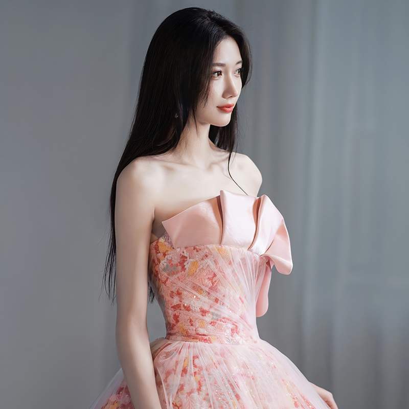 이브닝 드레스 연주회 브라이덜샤워 파티룩 핑크 고급 신부 약혼 웨딩 토스트 슈 촬영 - 상세 이미지 2