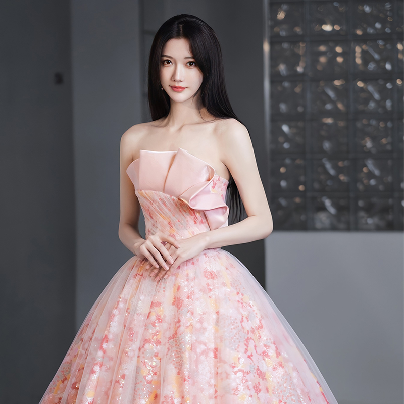 이브닝 드레스 연주회 브라이덜샤워 파티룩 핑크 고급 신부 약혼 웨딩 토스트 슈 촬영 - 상세 이미지 3
