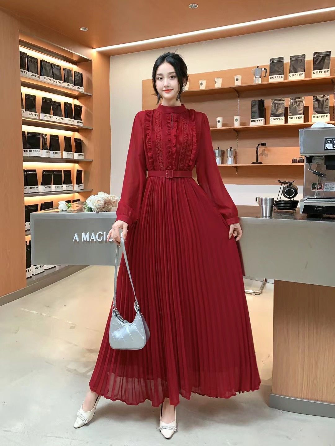 우아한 원피스 하이 엔드 긴팔 레이스 스티치 스탠드 업 칼라 허리 슬리밍 라인 플 하객룩 - 상세 이미지 5