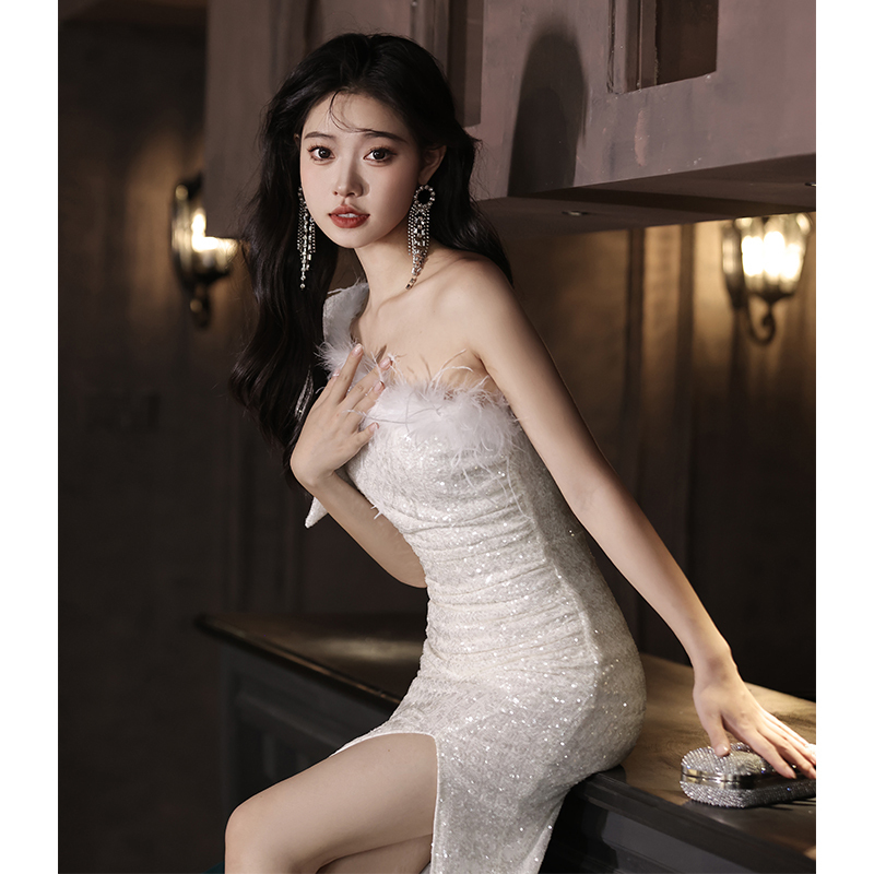 연주회 드레스 이브닝 브라이덜샤워 파티룩 여성 흰색 연례 회의 하이 엔드 무대 웨딩 촬영 - 상세 이미지 5