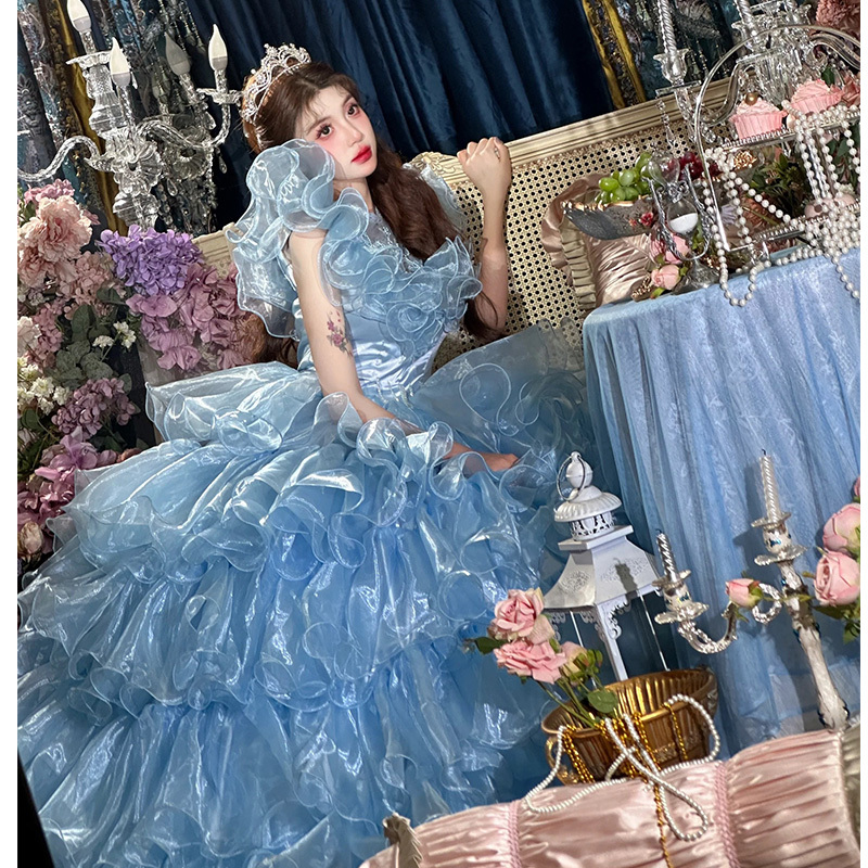 연주회 드레스 이브닝 브라이덜샤워 파티룩 블루 프렌치 라이트 웨딩 복고풍 외출 촬영 - 상세 이미지 4