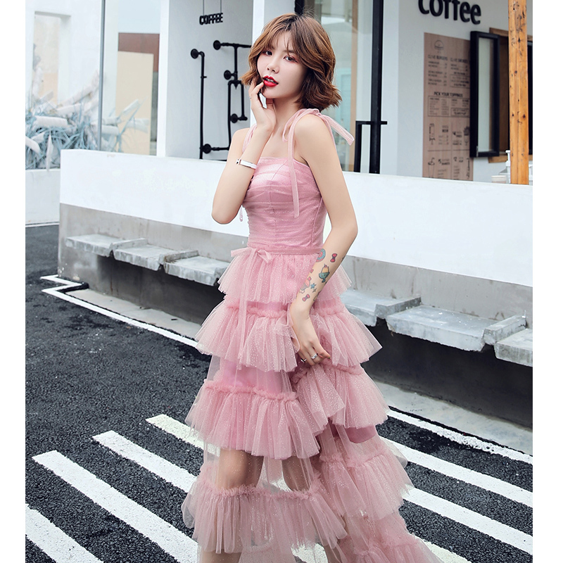 이브닝 드레스 연주회 브라이덜샤워 파티룩 여성 핑크 연회 서스펜더 신부 들러리 웨딩 촬영 - 상세 이미지 4