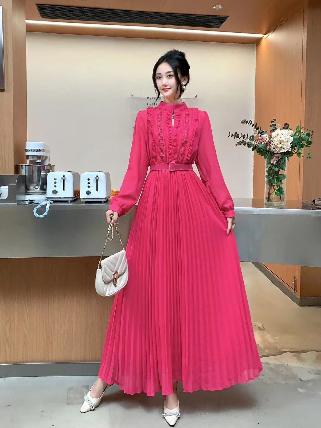 우아한 원피스 하이 엔드 긴팔 레이스 스티치 스탠드 업 칼라 허리 슬리밍 라인 플 하객룩 - 상품 이미지