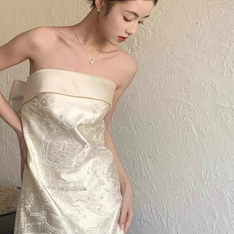 연주회 드레스 이브닝 브라이덜샤워 파티룩 신부드레싱가운 끈이 없는 웨딩 하이엔 촬영 - 상세 이미지 2