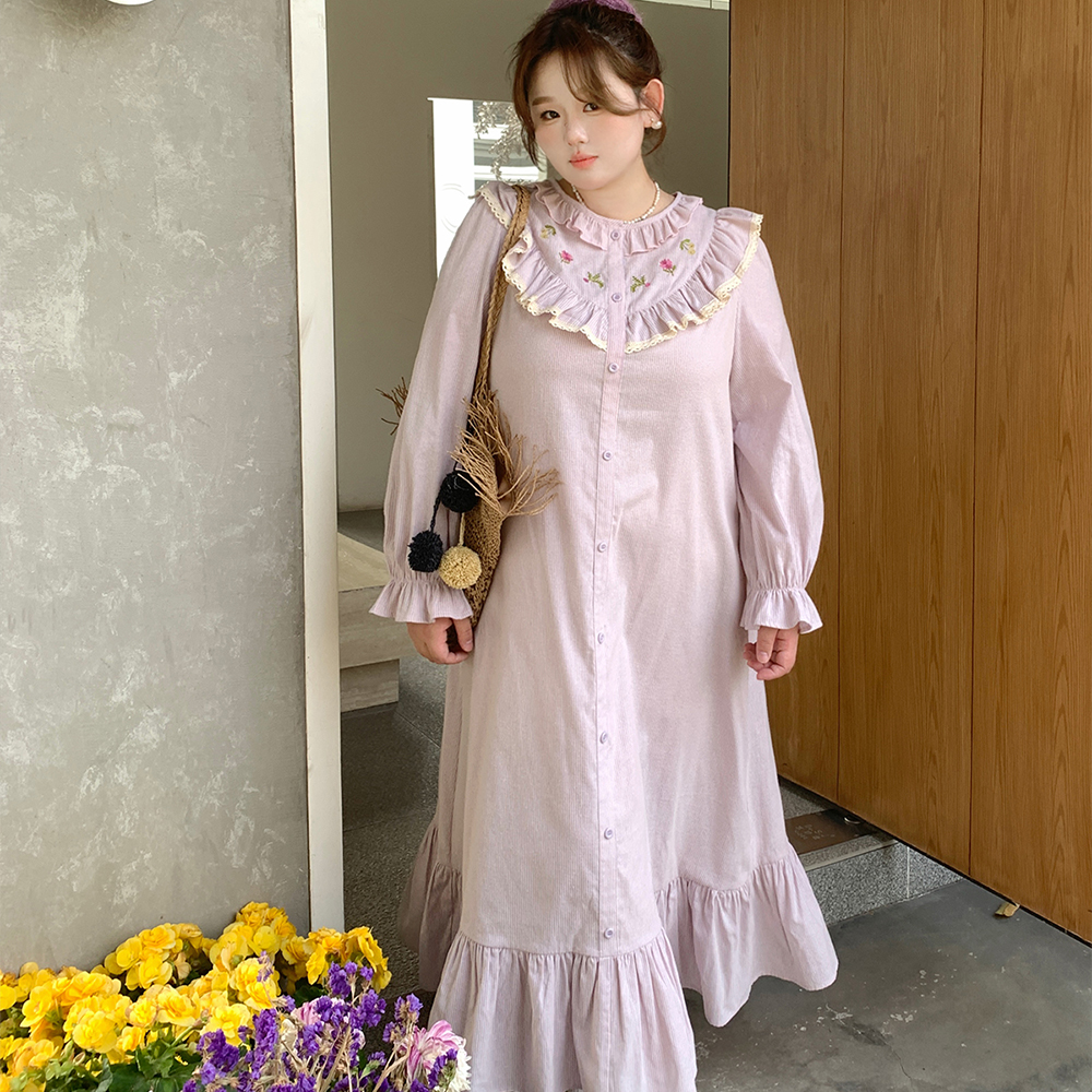 여성 빅사이즈 롱원피스 봄가을 프릴 플라워 스트라이프 루즈핏 일자 셔츠원피스 - 상세 이미지 2