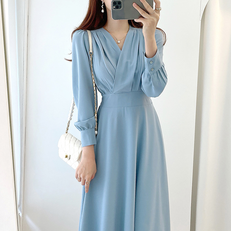 우아한 원피스 의 시크 우아하고 성숙한 스타일 브이넥 크로스 플리츠 허리 슬리밍 하객룩 - 상품 이미지