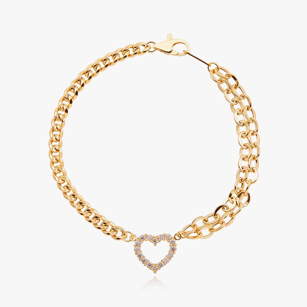 14K 아모레 하트 더블 레이어드 할로우 체인 금 팔찌