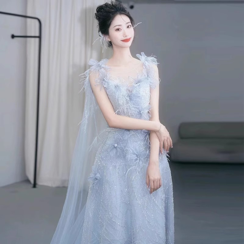이브닝 드레스 연주회 브라이덜샤워 파티룩 블루 연회 아름다운 빛 럭셔리 무대 웨딩 촬영 - 상세 이미지 4