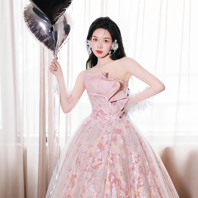 이브닝 드레스 연주회 브라이덜샤워 파티룩 핑크 고급 신부 약혼 웨딩 토스트 슈 촬영 - 상품 이미지