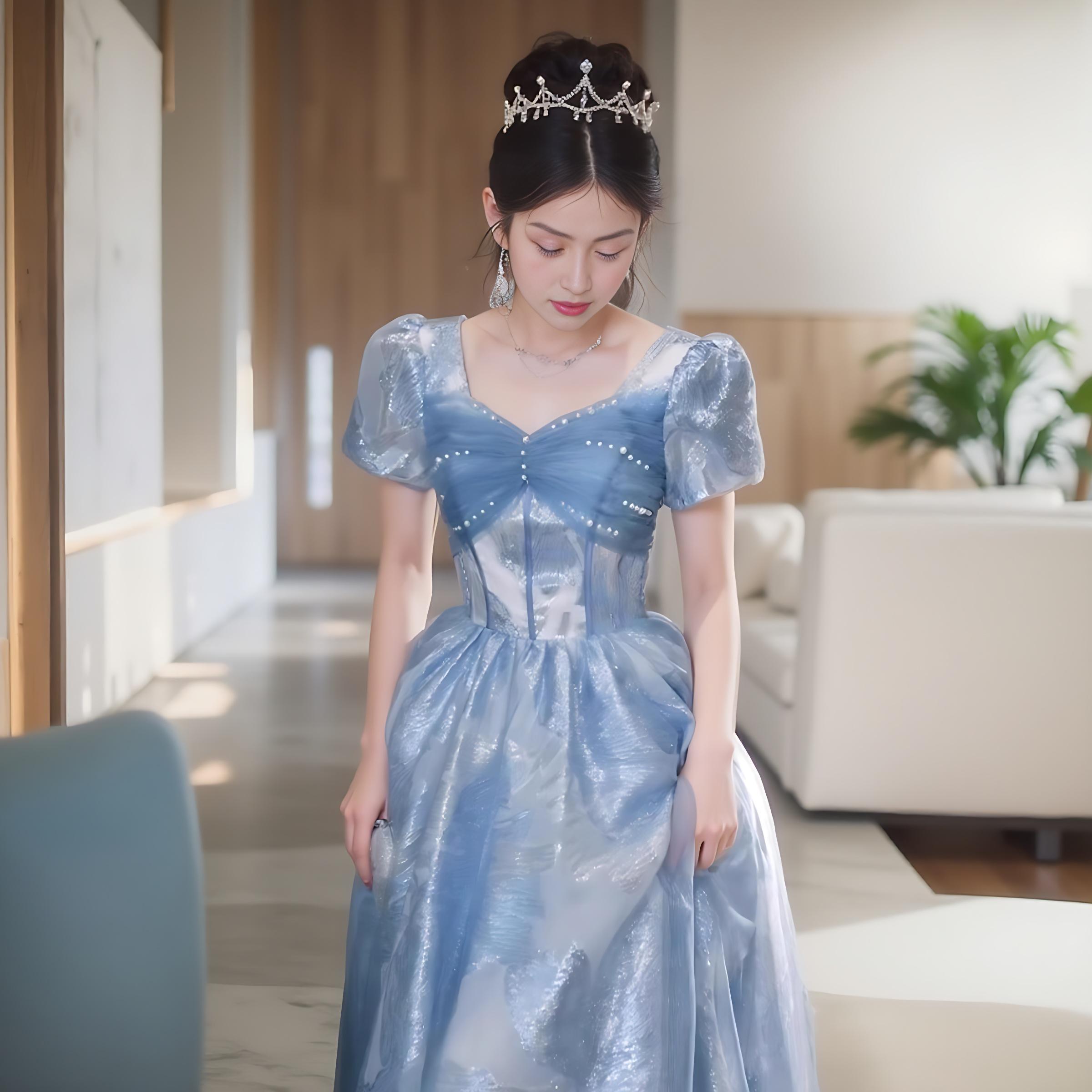 이브닝 드레스 연주회 브라이덜샤워 파티룩 블루 무대 공연 하이 엔드 생일 가벼 웨딩 촬영 - 상세 이미지 4