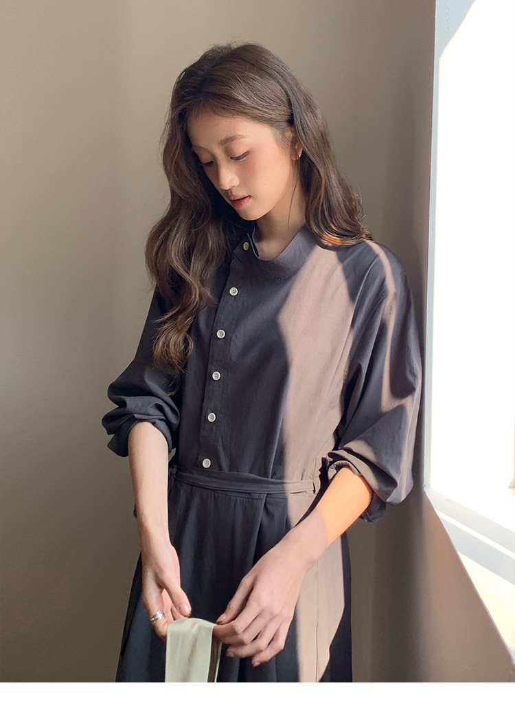 봄 가을 루즈핏 코튼 스탠드넥 롱 셔츠형 원피스