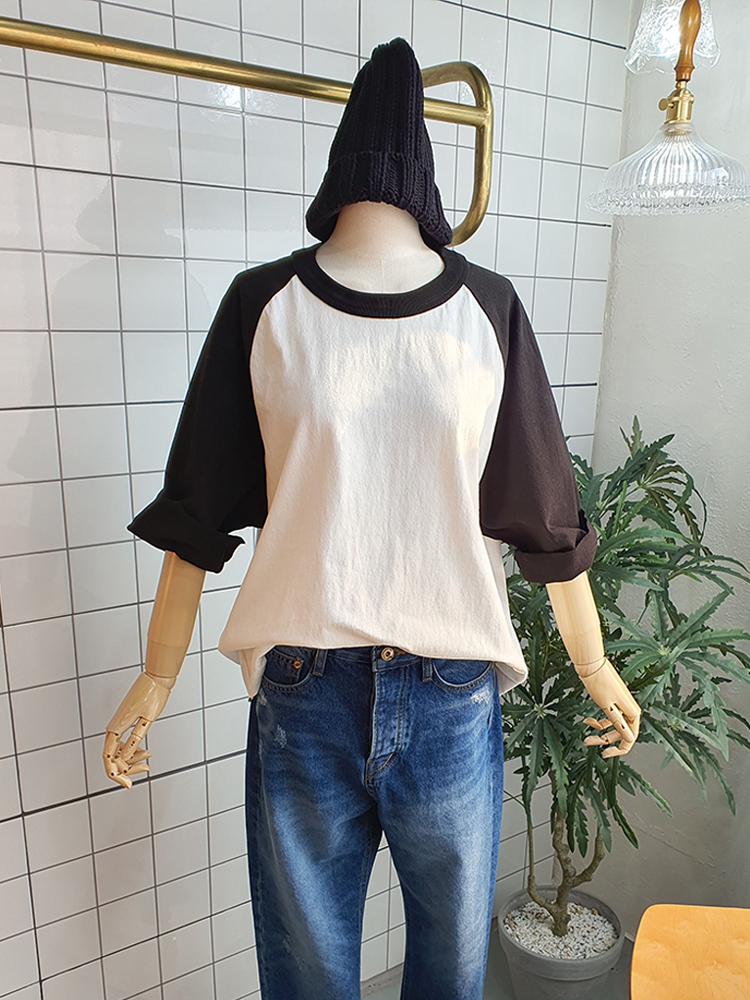 (무배) 칠부소매 박시한 라그란 면 티셔츠 - 상품 이미지