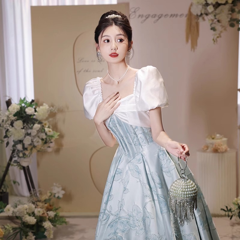 이브닝 드레스 연주회 브라이덜샤워 파티룩 연례 회의 블루 원 숄더 여성 유럽풍 웨딩 촬영 - 상세 이미지 4