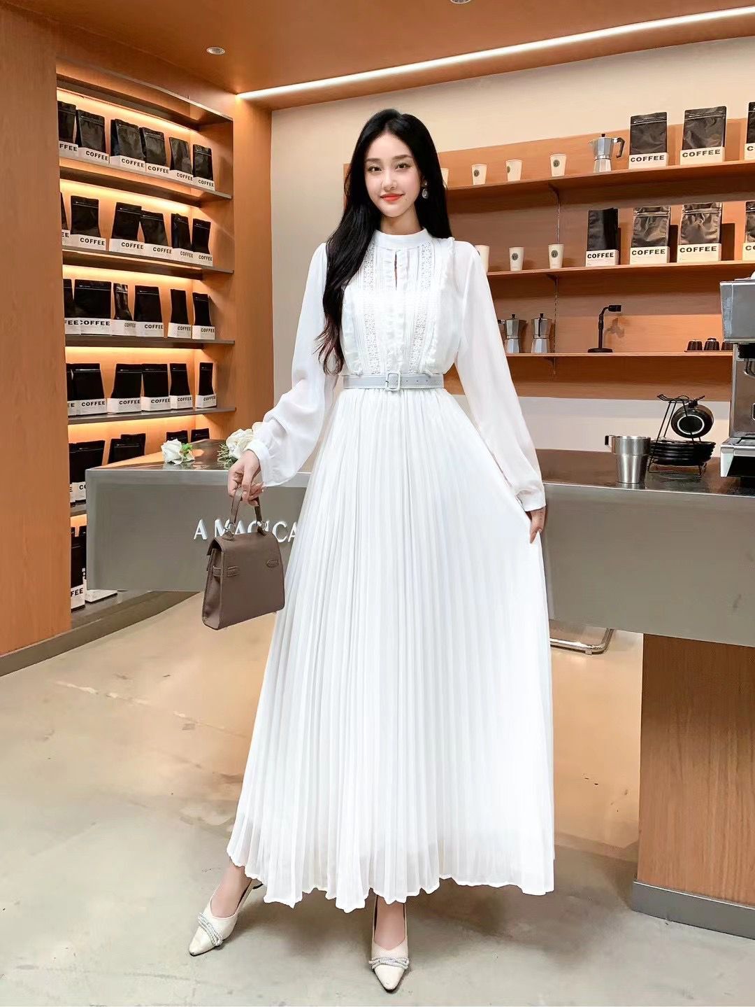 우아한 원피스 하이 엔드 긴팔 레이스 스티치 스탠드 업 칼라 허리 슬리밍 라인 플 하객룩 - 상세 이미지 2