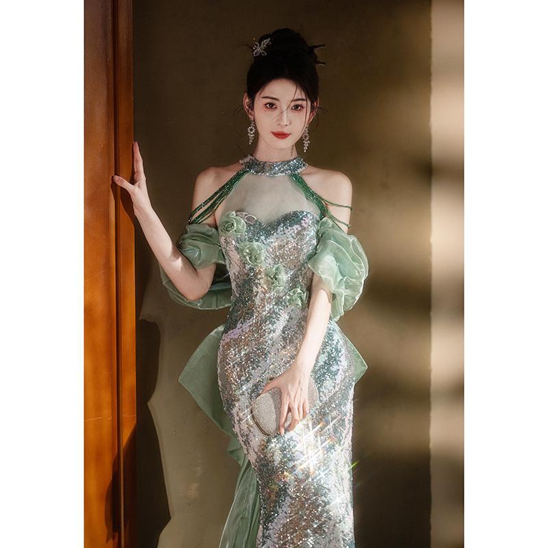 연주회 드레스 이브닝 브라이덜샤워 파티룩 여성 하이 엔드 홀터넥 피쉬 테일 약 웨딩 촬영 - 상세 이미지 4