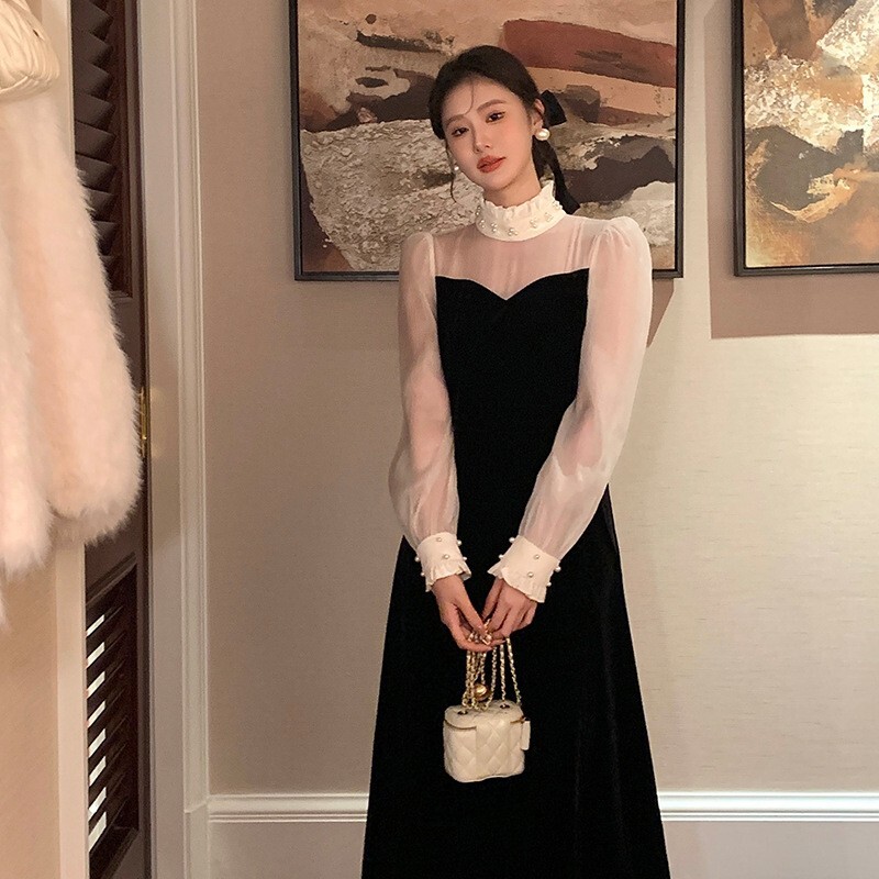 우아한 원피스 겨울 스타일 슬림하고 메쉬 접합 벨벳 바닥 드레스 롱 스커트 여성 하객룩 - 상품 이미지