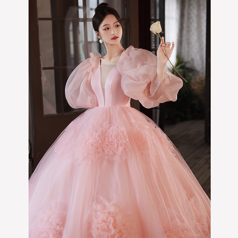 이브닝 드레스 연주회 브라이덜샤워 파티룩 여성 핑크 라이트 럭셔리 하이 엔드 웨딩 촬영 - 상세 이미지 4
