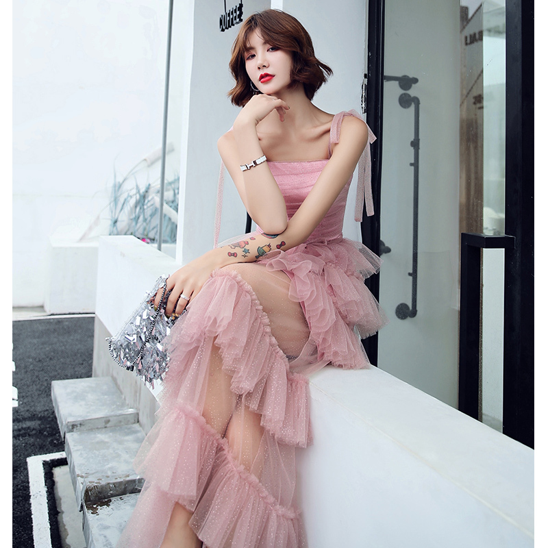 이브닝 드레스 연주회 브라이덜샤워 파티룩 여성 핑크 연회 서스펜더 신부 들러리 웨딩 촬영 - 상세 이미지 3