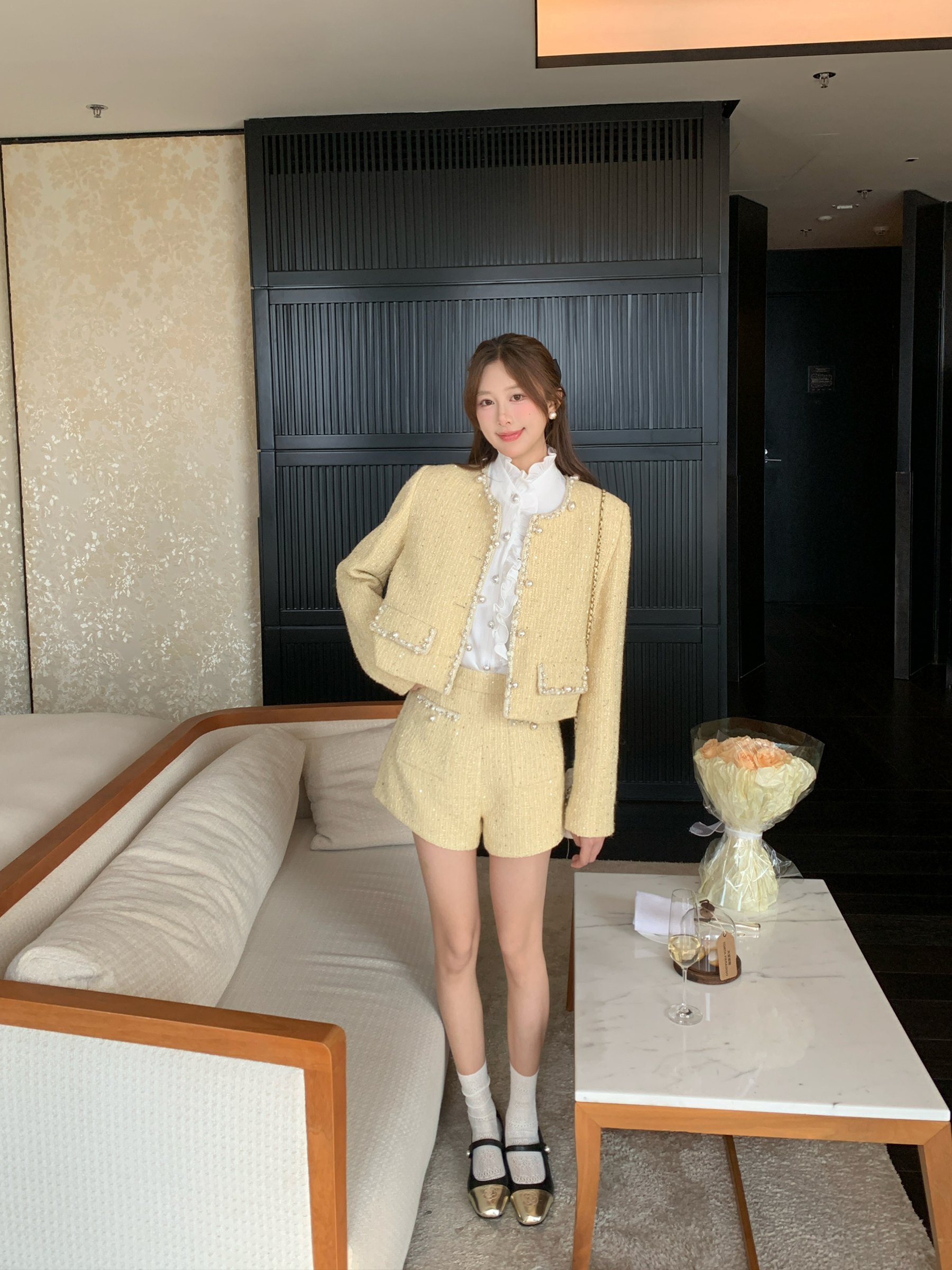봄 가을 트위드 반바지 정장 세트 프랑스풍 하객룩 데이트룩 - 상세 이미지 4