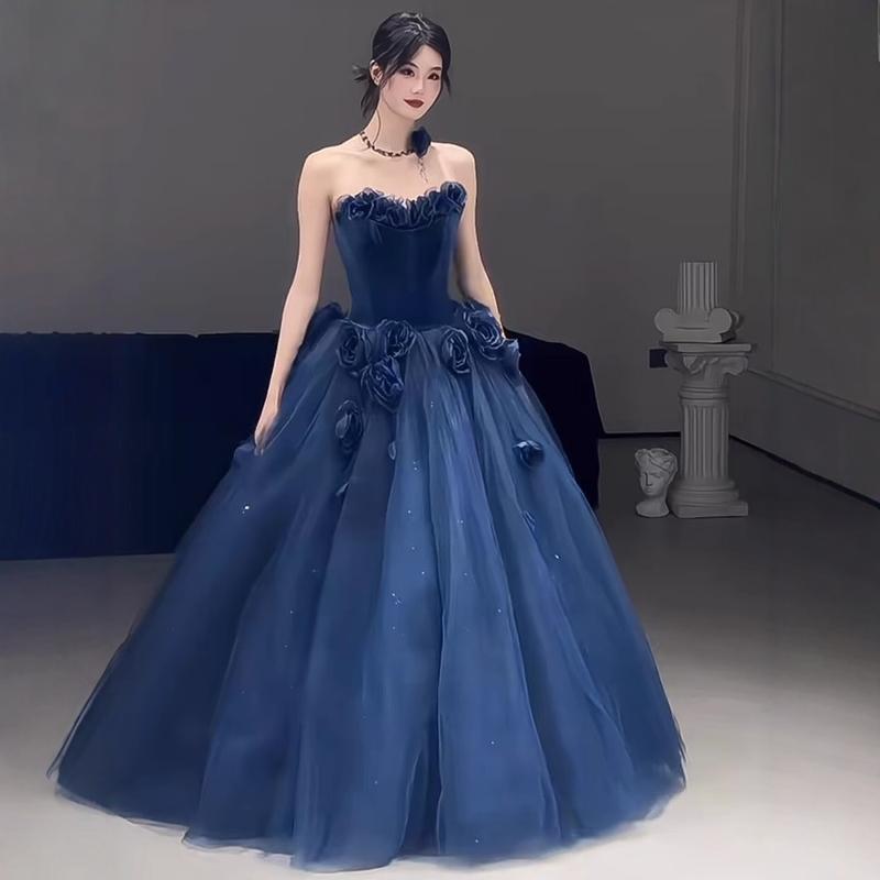 연주회 드레스 이브닝 브라이덜샤워 파티룩 블루 여성 꽃 빛 럭셔리 연회 무대 웨딩 촬영 - 상세 이미지 3
