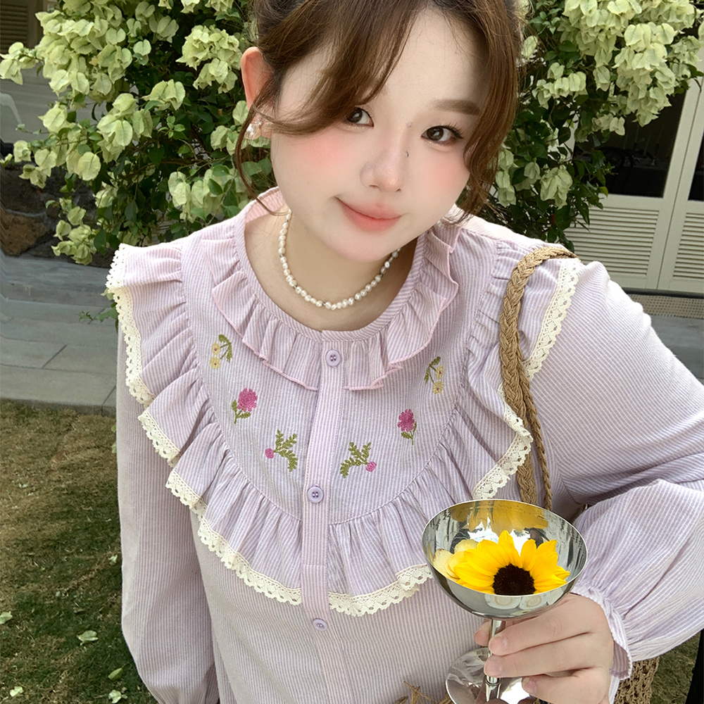 여성 빅사이즈 롱원피스 봄가을 프릴 플라워 스트라이프 루즈핏 일자 셔츠원피스 - 상세 이미지 4