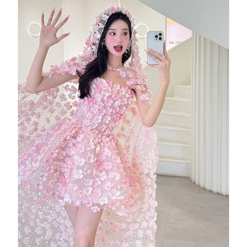 연주회 드레스 이브닝 브라이덜샤워 파티룩 여성 슈퍼 요정 핑크 약혼 생일 성인 웨딩 촬영 - 상세 이미지 5