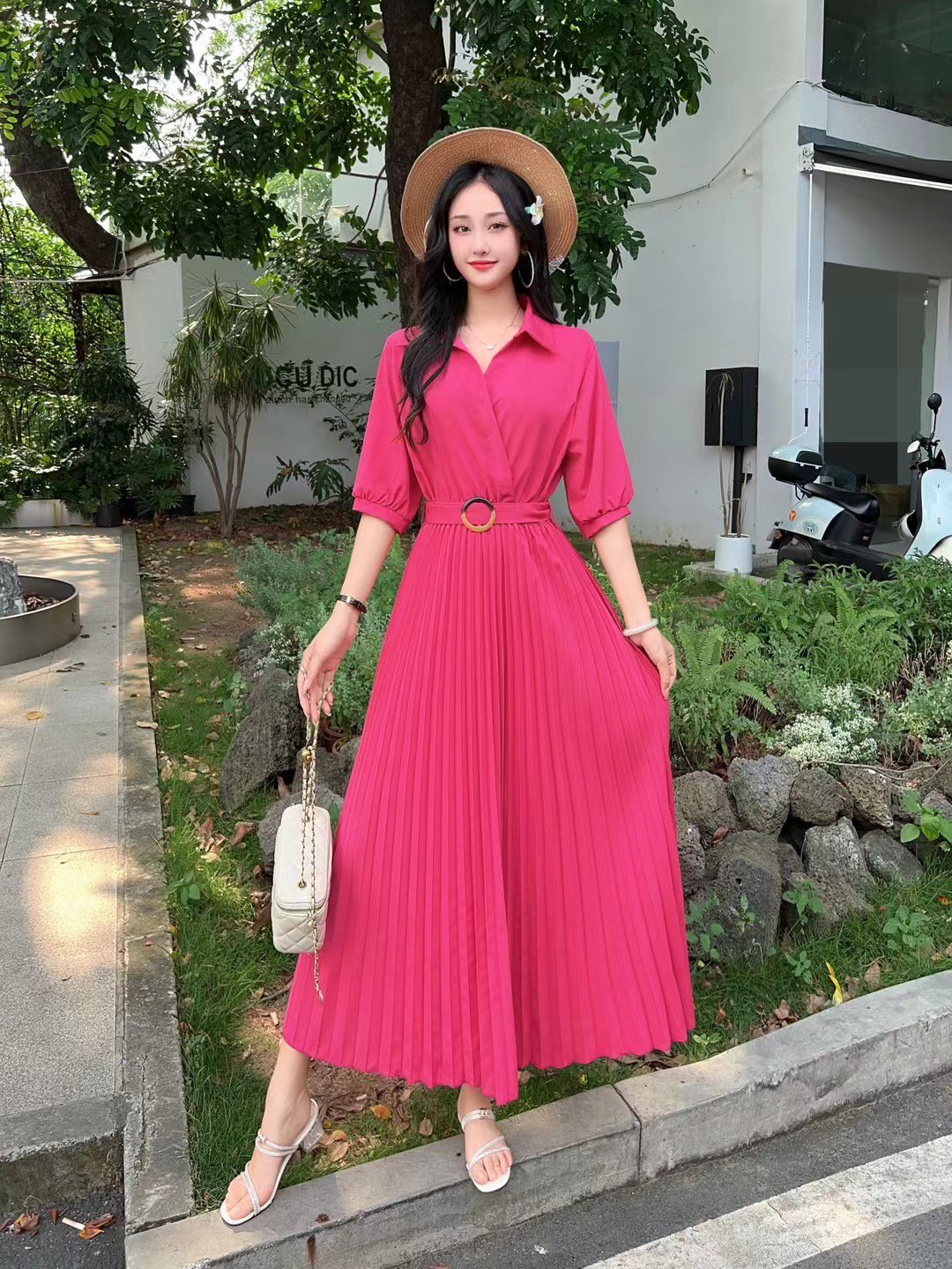 우아한 원피스 스타일 다 도 셔츠 칼라 중간 소매 레이스 업 허리 여성 길이 주름 하객룩 - 상품 이미지