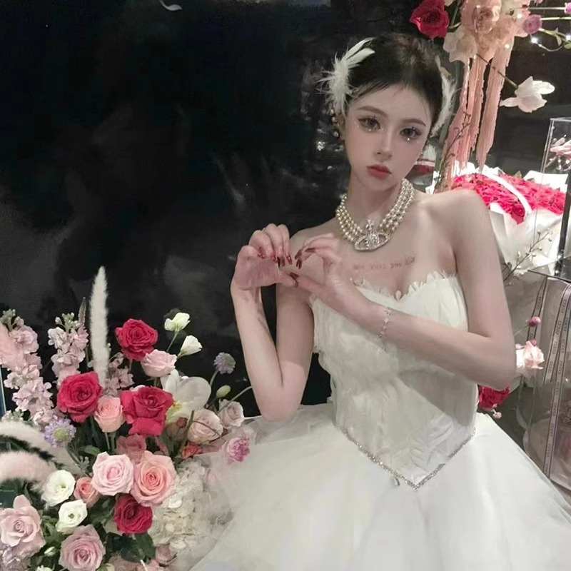 이브닝 드레스 연주회 브라이덜샤워 파티룩 화이트 하이 엔드 럭셔리 생일 공주 웨딩 촬영 - 상세 이미지 2