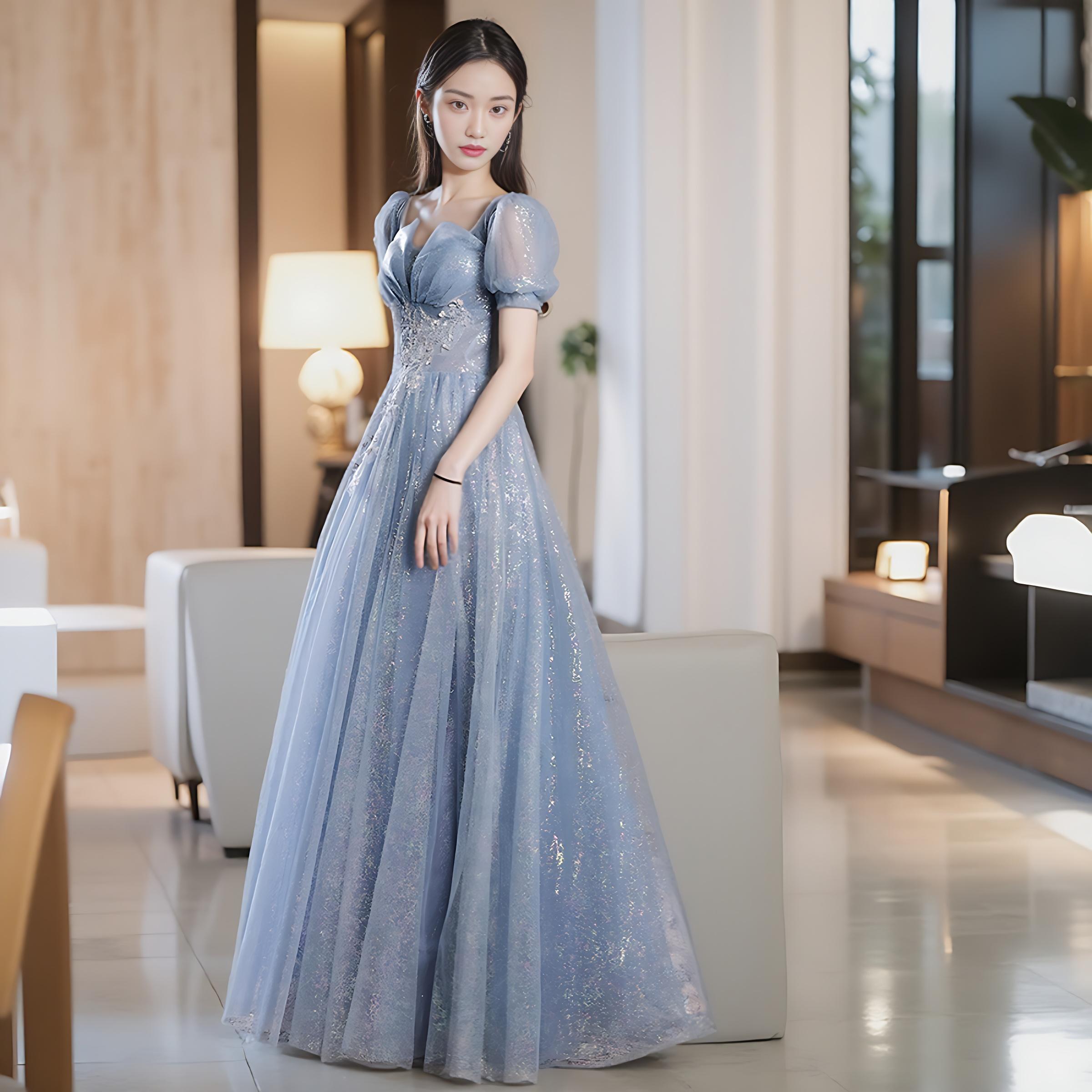 연주회 드레스 이브닝 브라이덜샤워 파티룩 파란 연회 세 성인 예식 사회자 성악 웨딩 촬영 - 상세 이미지 3
