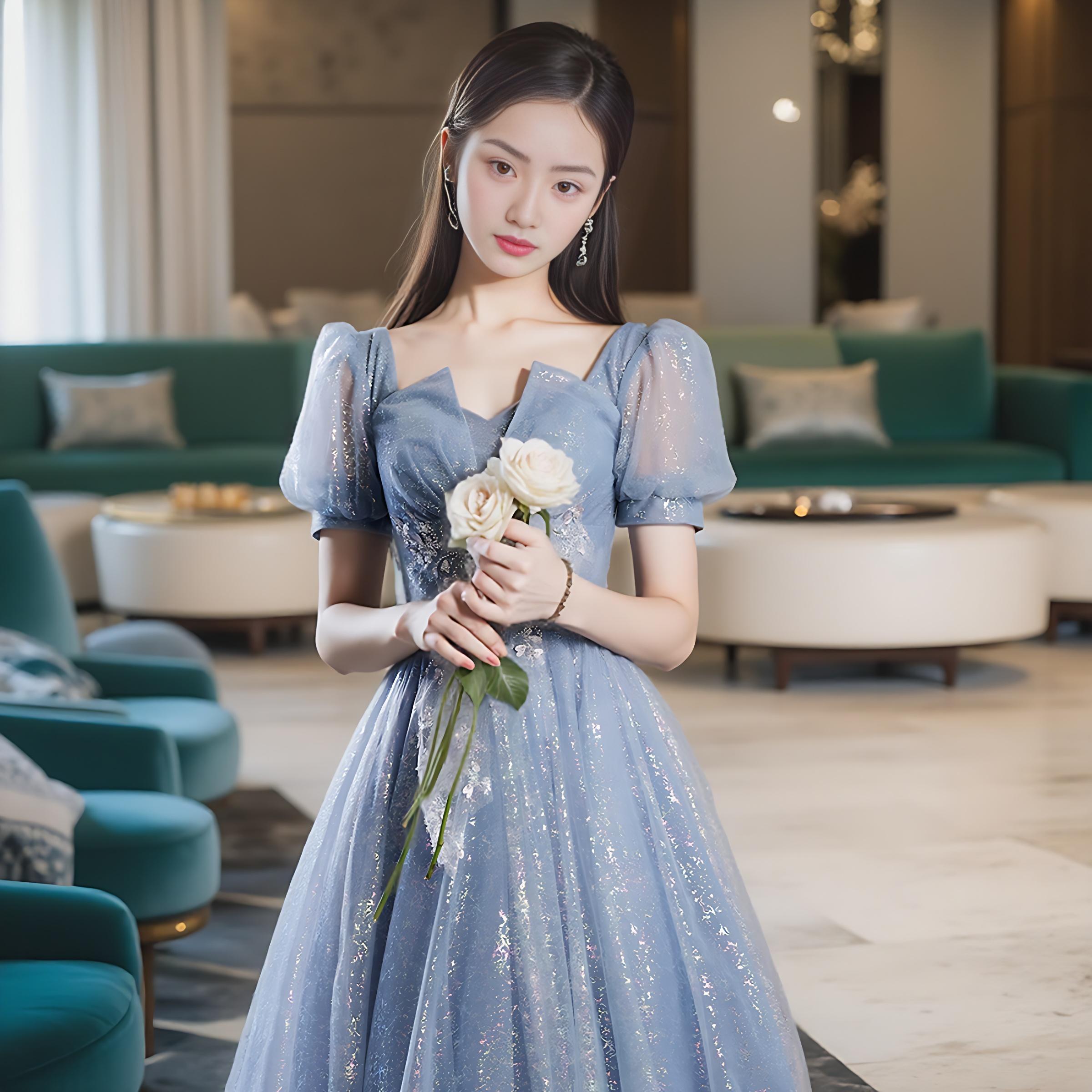 연주회 드레스 이브닝 브라이덜샤워 파티룩 파란 연회 세 성인 예식 사회자 성악 웨딩 촬영 - 상세 이미지 4