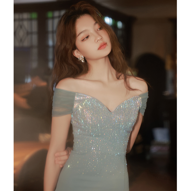 연주회 드레스 이브닝 브라이덜샤워 파티룩 여성 블루 하이 엔드 라이트 럭셔리 웨딩 촬영 - 상품 이미지