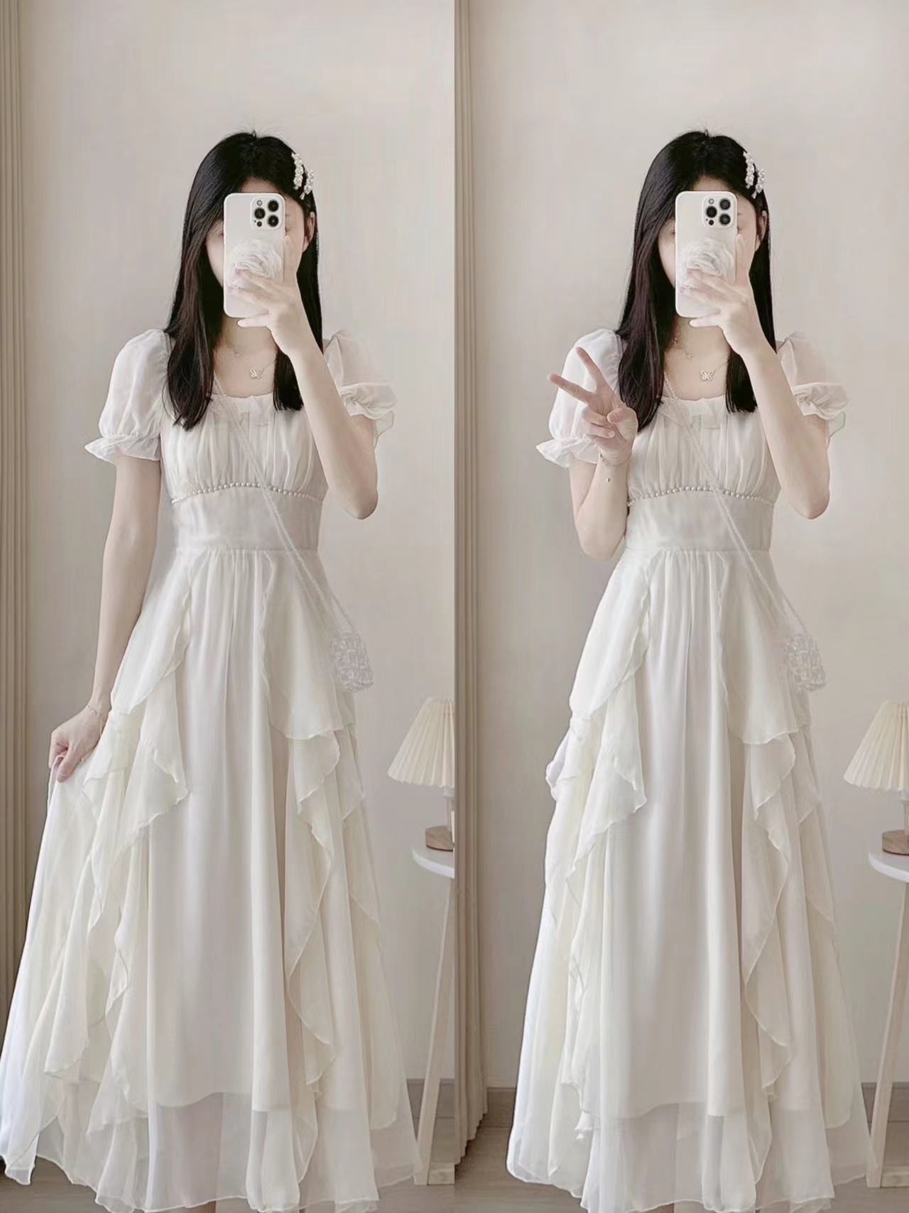 우아한 원피스 여성 슈퍼 요정 공주 드레스 부드러운 바람 롱 스커트 유럽풍 화이트 하객룩 - 상세 이미지 2