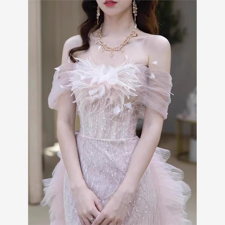 이브닝 드레스 연주회 브라이덜샤워 파티룩 토스트 신부 한 어깨 약혼 여성의 고 웨딩 촬영 - 상세 이미지 3