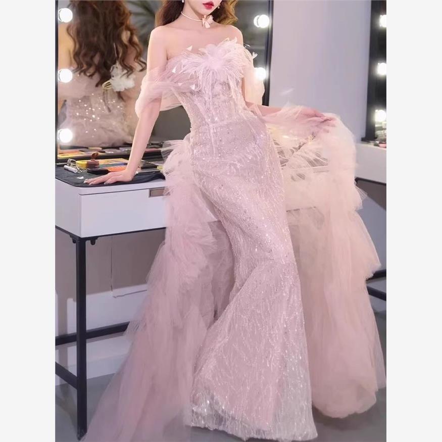 이브닝 드레스 연주회 브라이덜샤워 파티룩 토스트 신부 한 어깨 약혼 여성의 고 웨딩 촬영 - 상세 이미지 5