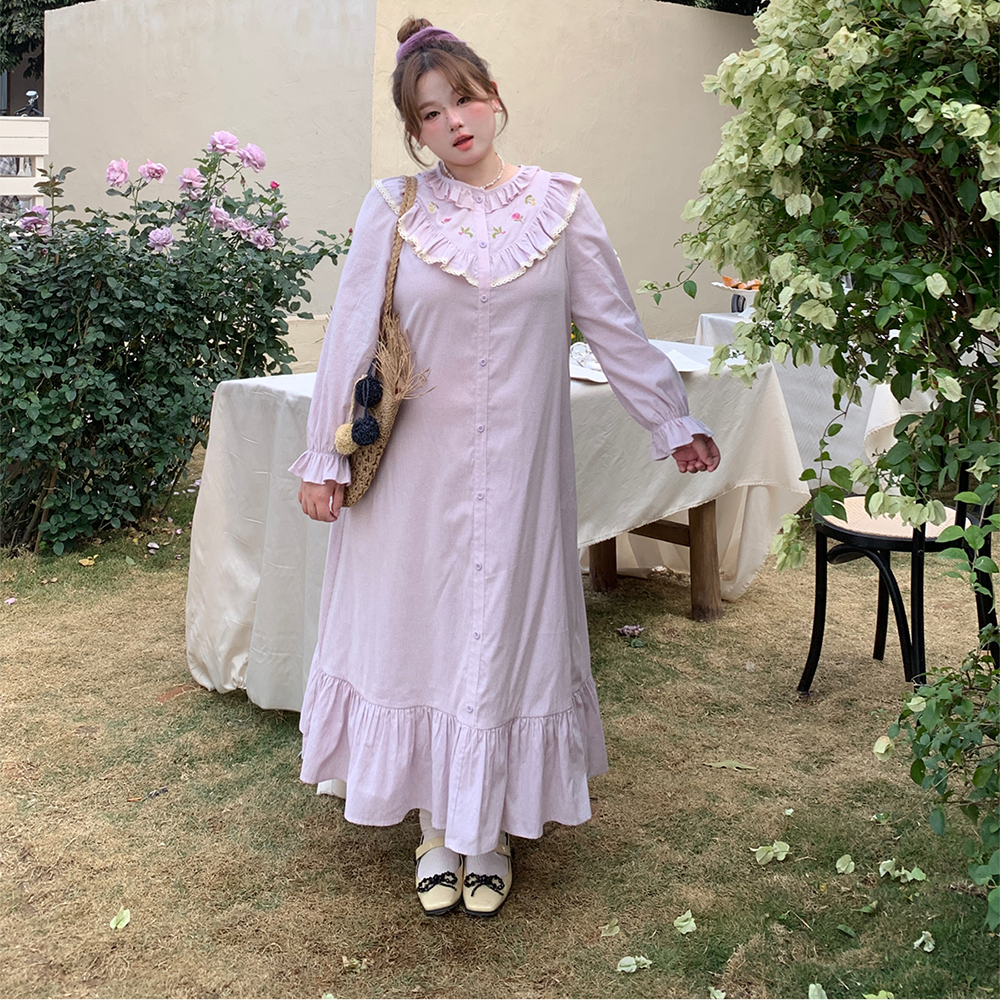 여성 빅사이즈 롱원피스 봄가을 프릴 플라워 스트라이프 루즈핏 일자 셔츠원피스