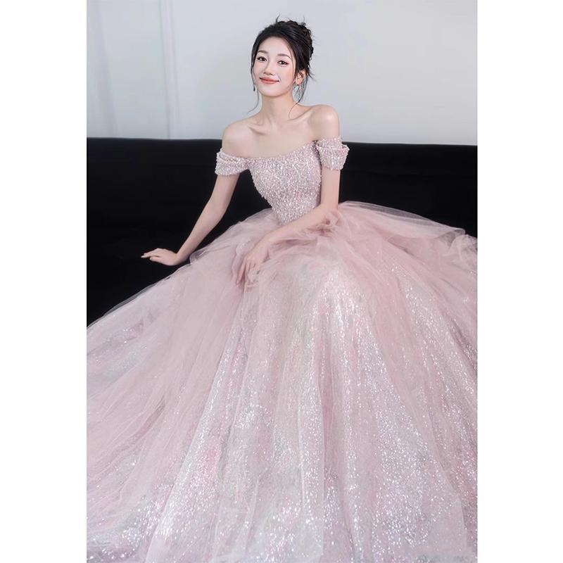 이브닝 드레스 연주회 브라이덜샤워 파티룩 여성 원 숄더 핑크 무대 공연 성인 웨딩 촬영 - 상세 이미지 5