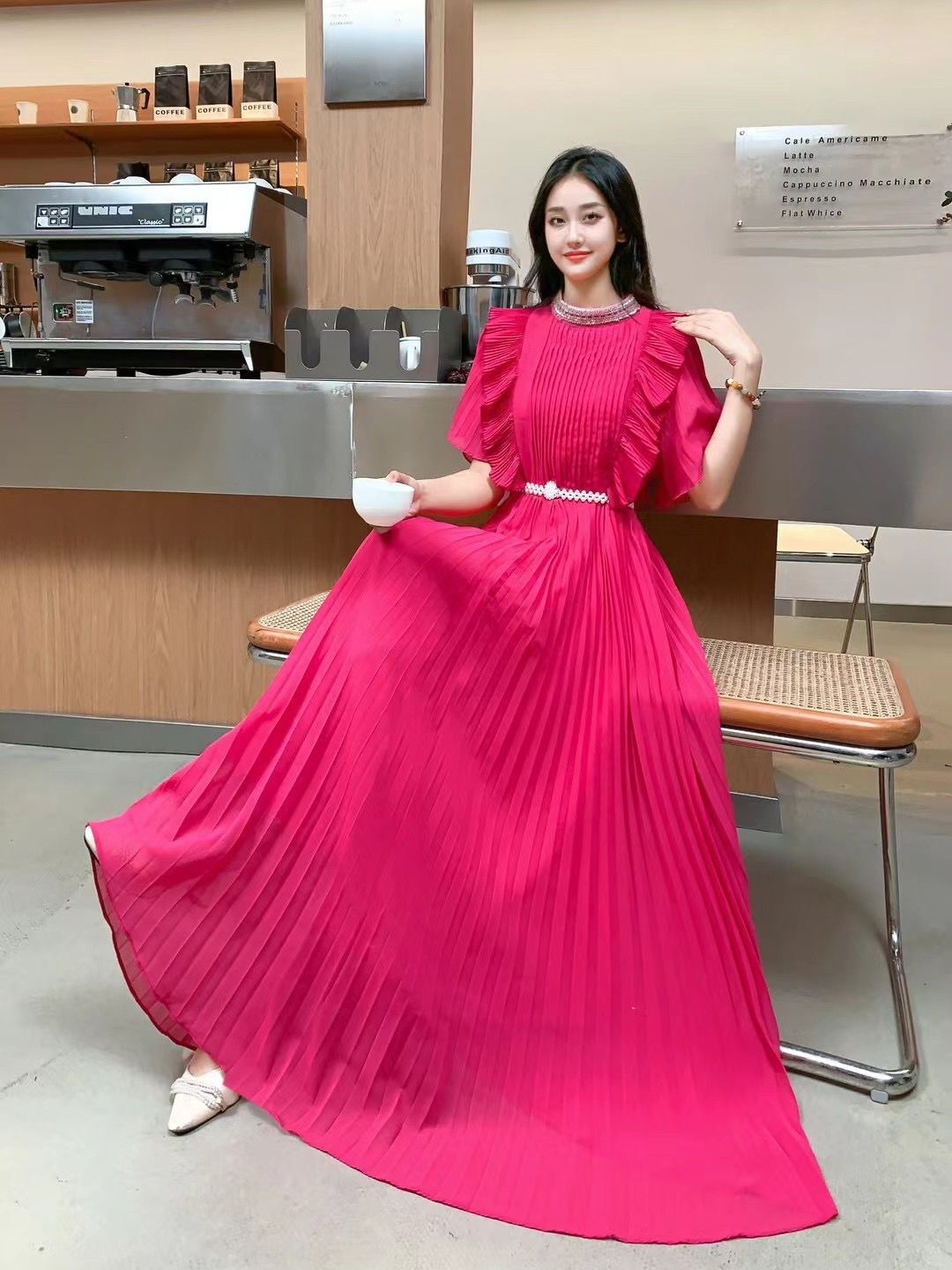우아한 원피스 유럽풍 하이 엔드 디자인 플리츠 롱 스커트 허리 넓은 밑단 쉬폰 드 하객룩 - 상품 이미지