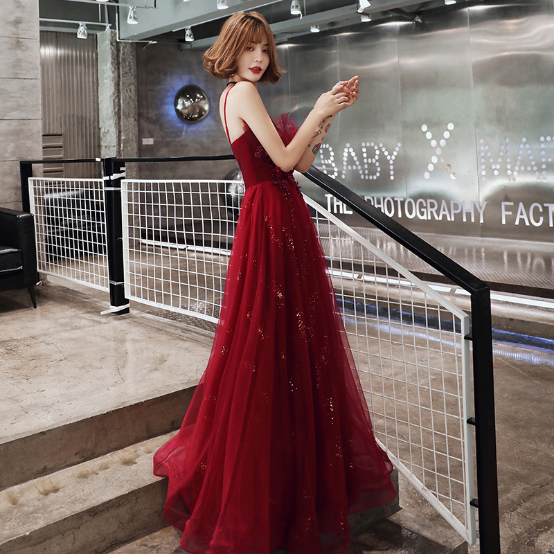 연주회 드레스 이브닝 브라이덜샤워 파티룩 토스트 신부 빨간 연회 긴 하이 엔드 웨딩 촬영 - 상세 이미지 4