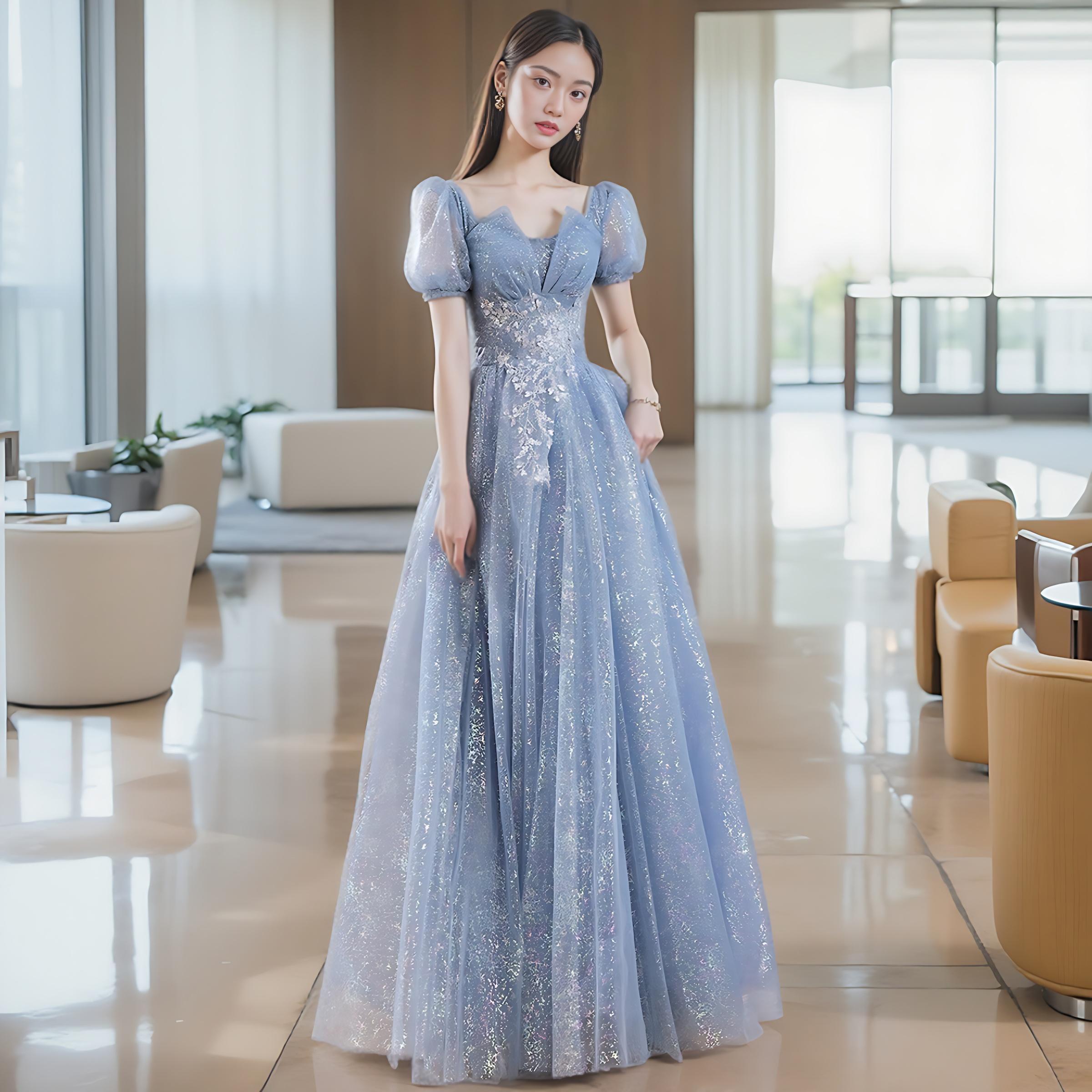 연주회 드레스 이브닝 브라이덜샤워 파티룩 파란 연회 세 성인 예식 사회자 성악 웨딩 촬영 - 상세 이미지 2