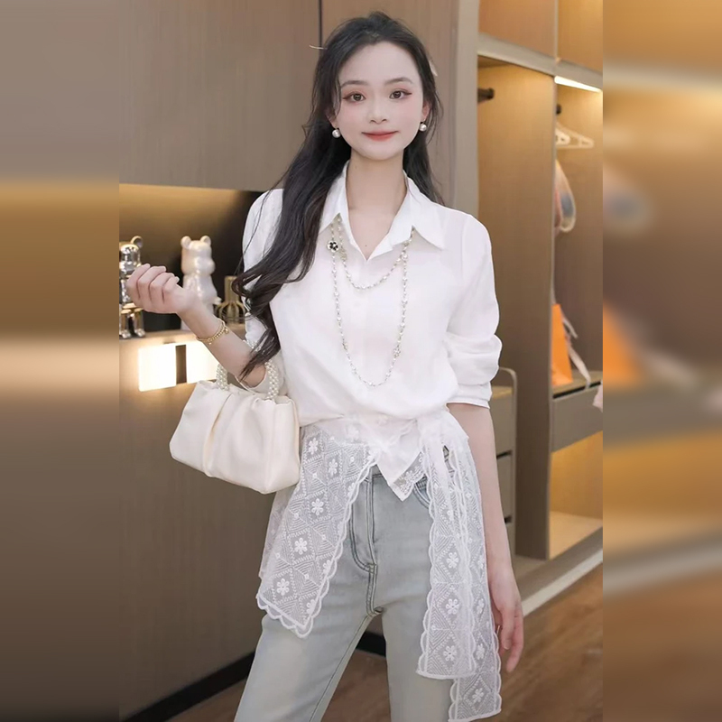 여성봄남방 레이스 레이어드 오피스룩 긴팔티셔츠 - 상품 이미지